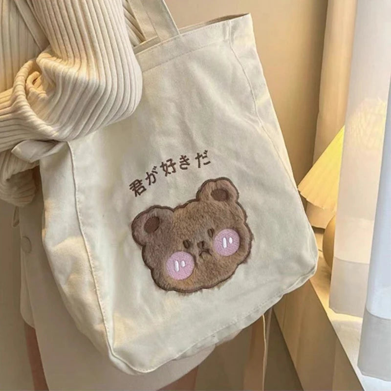 Canvas Cartoon Shoulder Bag for Women Large Capacity Shopper Casual B