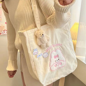 Canvas Cartoon Shoulder Bag for Women Large Capacity Shopper Casual B