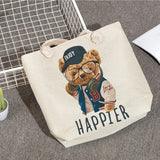 3D Print Teddy Bear Linen Shopper Tote Bag Women Shoulder Beach Handbag