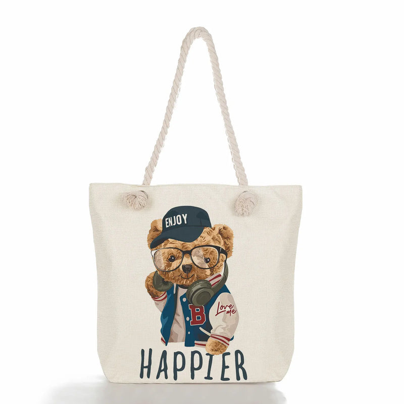 3D Print Teddy Bear Linen Shopper Tote Bag Women Shoulder Beach Handbag