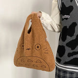 Totoro Embroidery Lamb Fabric Handbag Tote Bags for Women Soft Fur Shopper Bag