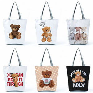 Cartoon Toy Bear Printed Tote Bag Eco Friendly Storage Shopping Bag