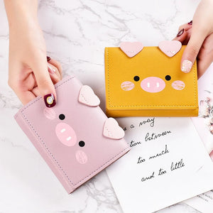 Cartoon Pig Small Wallet Female Short Soft Leather Student Three Fold