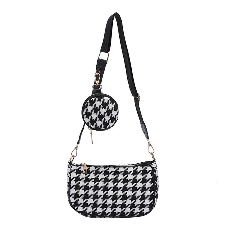 Vintage Plaid Shoulder Bags with Round Purse Pendant