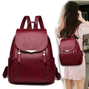 Casual Leather Backpack for Women Large Capacity Double Zipper Shoulder Bag