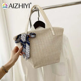 Beach Ribbon Straw Handbag Women Woven Tote Bag with Silk