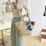 Beach Ribbon Straw Handbag Women Woven Tote Bag with Silk