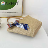 Beach Ribbon Straw Handbag Women Woven Tote Bag with Silk
