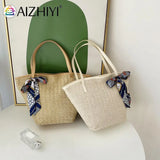 Beach Ribbon Straw Handbag Women Woven Tote Bag with Silk
