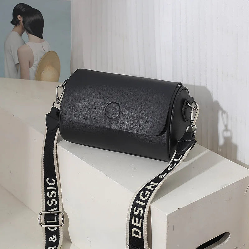 Casual Bucket Handbag Women PU Leather Shoulder Bag Wide Straps Crossbody