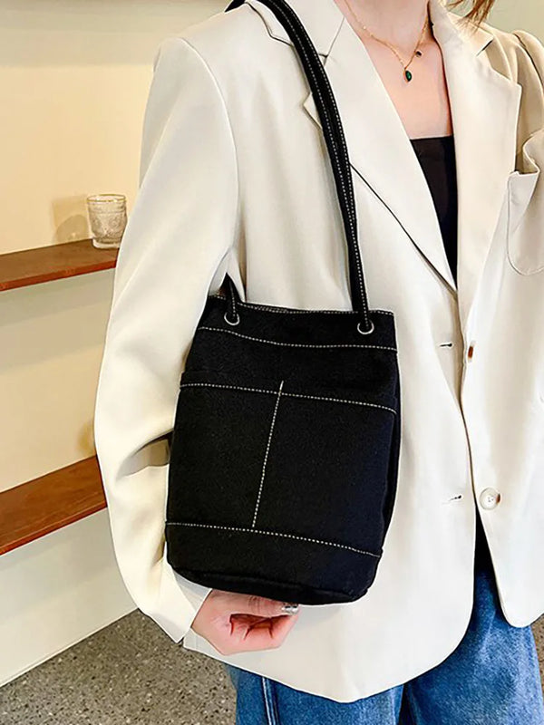 Casual Canvas Bucket Bags for Women Solid Shoulder Crossbody Bag