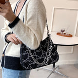 Canvas Hearts Embroidery Women Underarm Bags Chain Handbags Totes Crossbody Bags