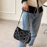 Canvas Hearts Embroidery Women Underarm Bags Chain Handbags Totes Crossbody Bags