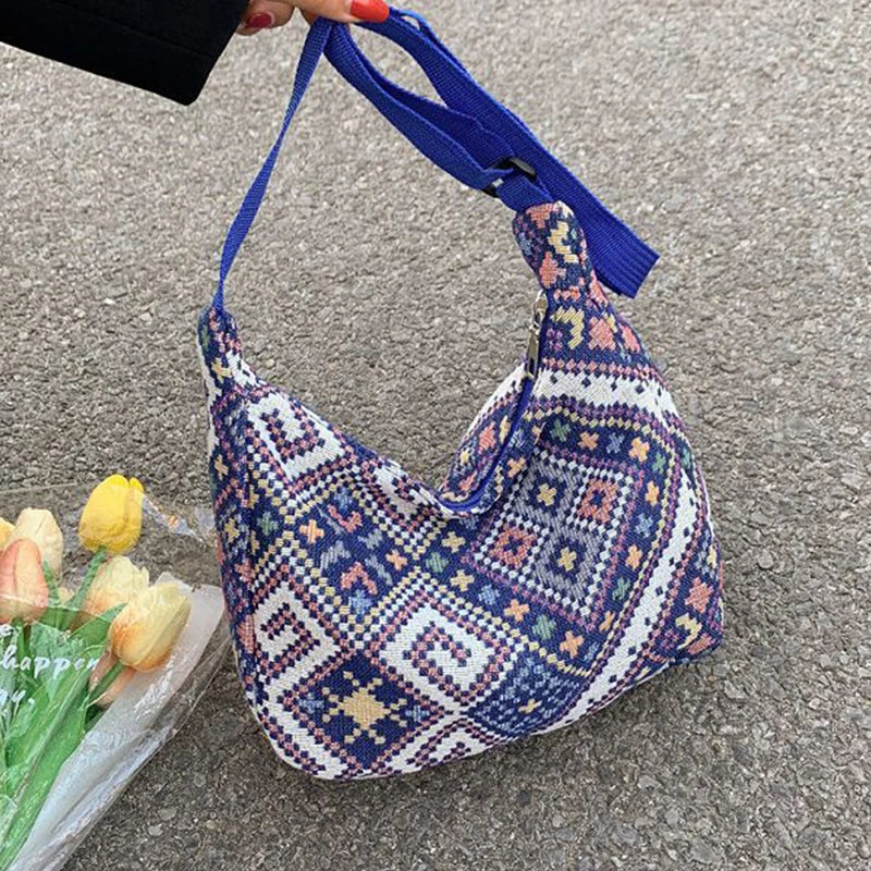 Casual Geometric Canvas Shoulder Bag for Women Large Capacity Tote Handbag