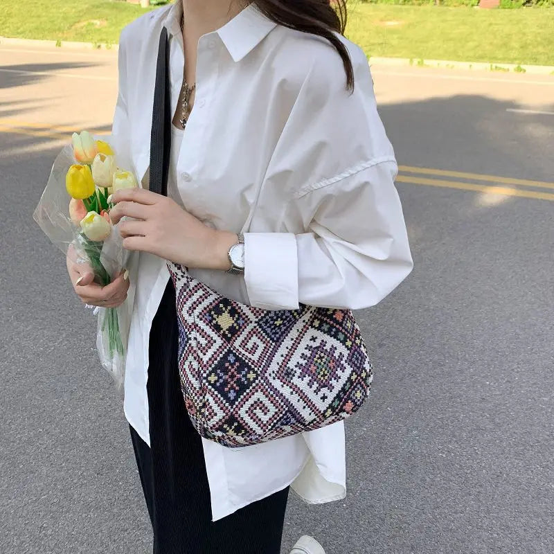 Casual Geometric Canvas Shoulder Bag for Women Large Capacity Tote Handbag