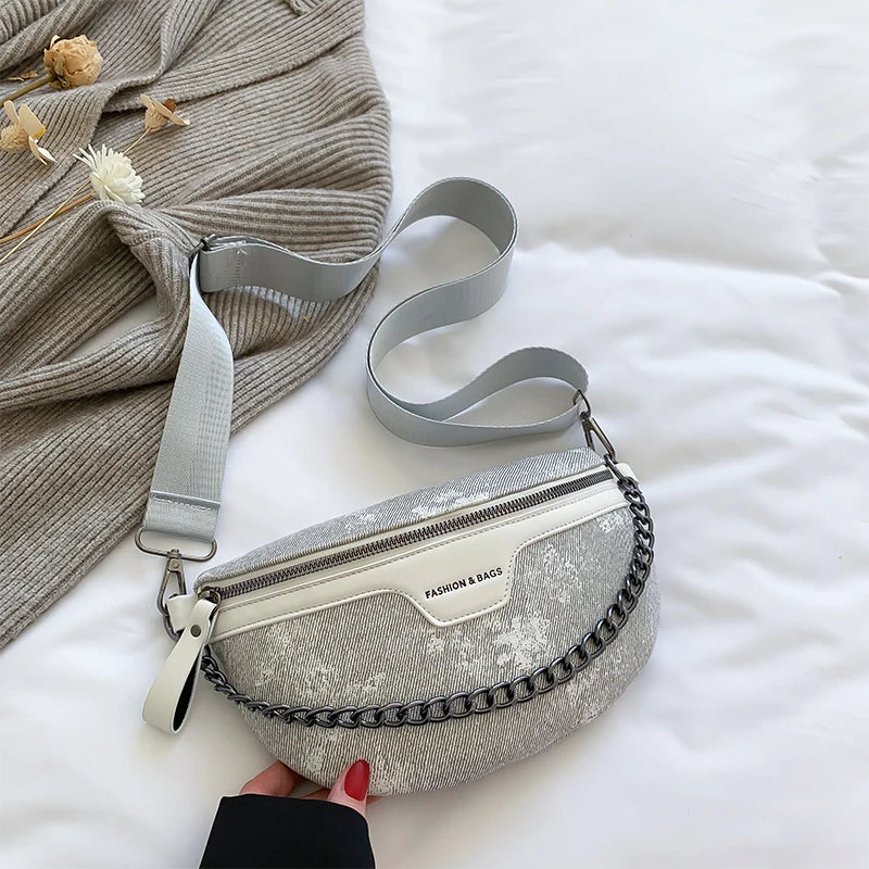 Denim Chain Fanny Pack Women Zip Wallet Crossbody Bag