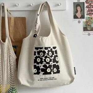 College Girls Canvas Shoulder Bag Floral Print Pocket Tote