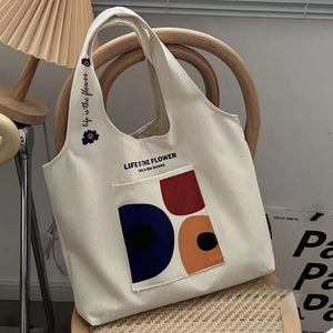 College Girls Canvas Shoulder Bag Floral Print Pocket Tote