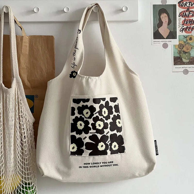 College Girls Canvas Shoulder Bag Floral Print Pocket Tote