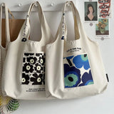 College Girls Canvas Shoulder Bag Floral Print Pocket Tote