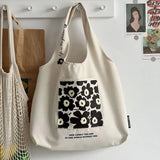 College Girls Canvas Shoulder Bag Floral Print Pocket Tote