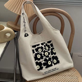 College Girls Canvas Shoulder Bag Floral Print Pocket Tote