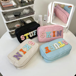 Embroidery Letter Patch Makeup Bag Zipper Storage Organizer