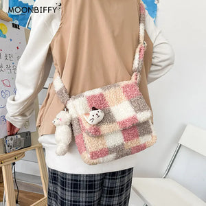 Small Plush Shoulder Bag Ladies Checked Plaid Crossbody Bag
