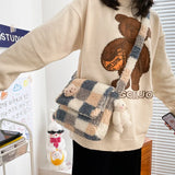 Small Plush Shoulder Bag Ladies Checked Plaid Crossbody Bag