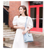 Women's Denim Bucket Bag with Multiple Pockets