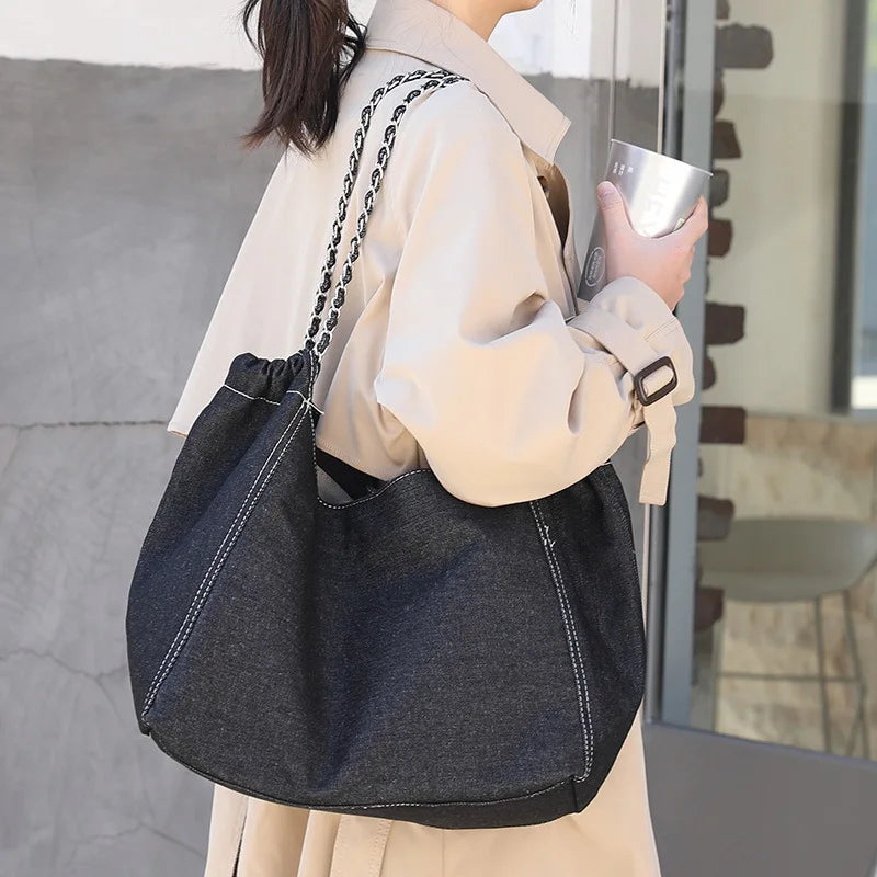 Denim Chain Shoulder Bag Large Capacity Women Tote Handbag