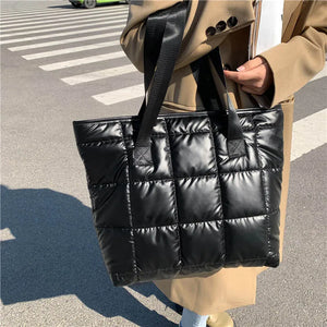 Women Shoulder Bag Quilted Bucket Tote Warm Winter Handbag