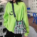 Canvas Checkerboard Drawstring Shoulder Bag for Travel Shopping