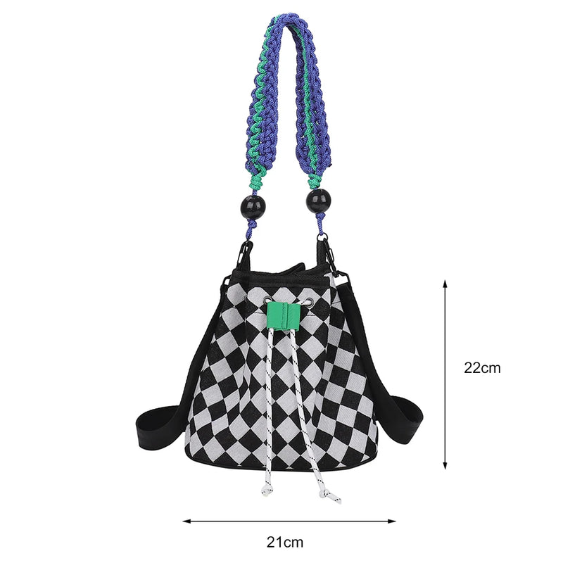Canvas Checkerboard Drawstring Shoulder Bag for Travel Shopping