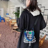 Canvas Checkerboard Drawstring Shoulder Bag for Travel Shopping