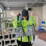 Canvas Checkerboard Drawstring Shoulder Bag for Travel Shopping