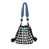 Canvas Checkerboard Drawstring Shoulder Bag for Travel Shopping