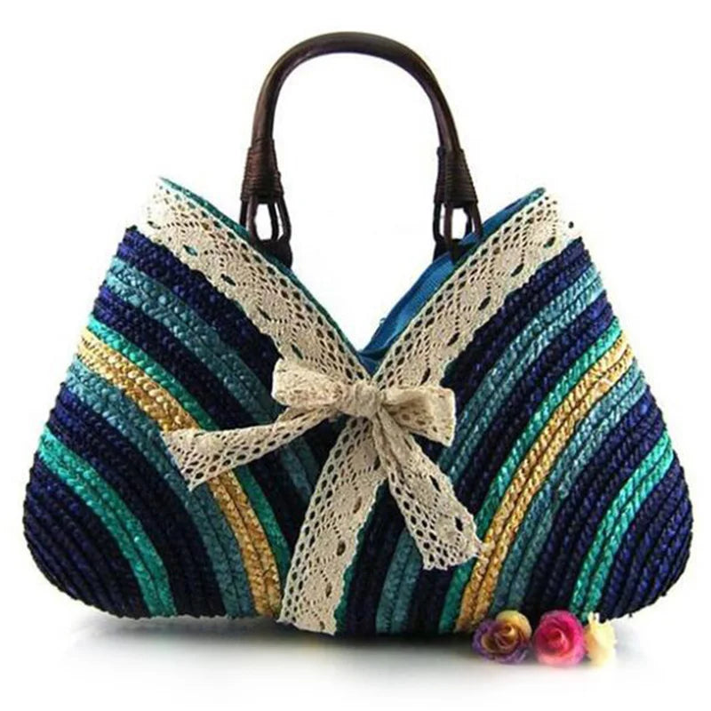 Casual Rainbow Stripes Bow Lace Straw Bag