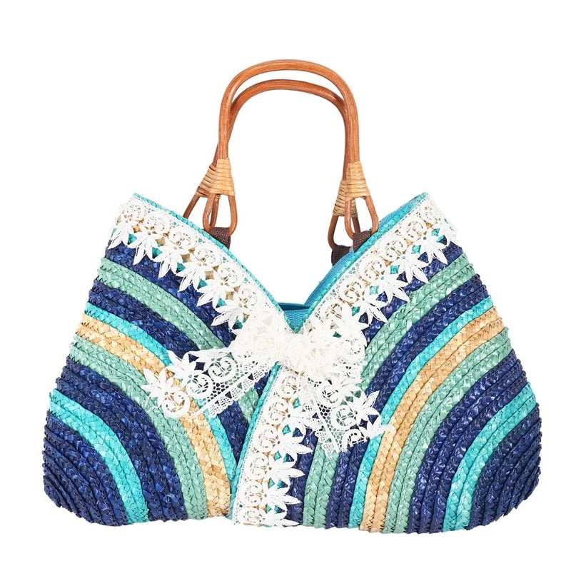 Casual Rainbow Lace Bow Straw Bag