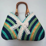 Casual Rainbow Stripes Bow Lace Straw Bag