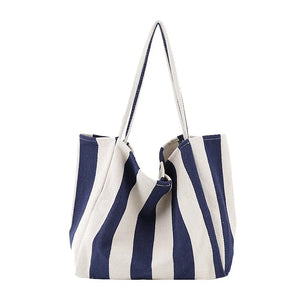Casual Striped Canvas Handbag Totes Large Capacity Shoulder Bags for Women