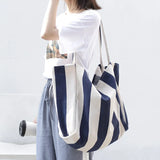 Casual Striped Canvas Handbag Totes Large Capacity Shoulder Bags for Women