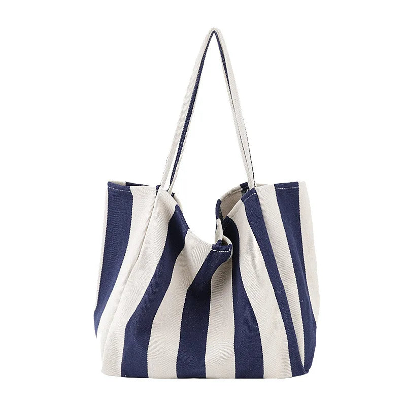 Casual Striped Canvas Handbag Totes Large Capacity Shoulder Bags for Women