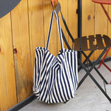 Casual Striped Canvas Handbag Totes Large Capacity Shoulder Bags for Women