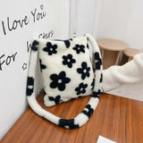 Flower Printed Crossbody Bag for Women Soft Plush Handbag Clutch Tote