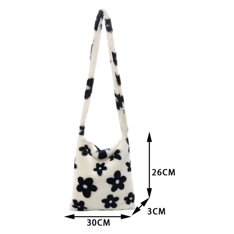 Flower Printed Crossbody Bag for Women Soft Plush Handbag Clutch Tote
