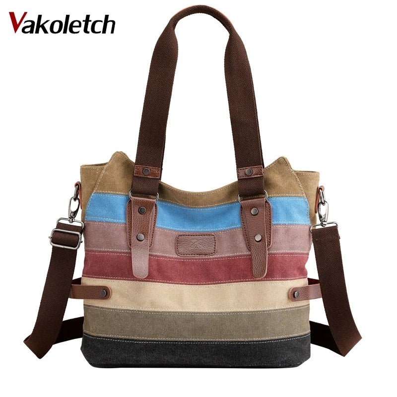 Striped Handbag Ladies Shoulder Bag Summer Vintage Cotton Tote Canvas Bag