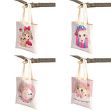 Cute Cartoon Girl and Cat Print Canvas Schoolbag