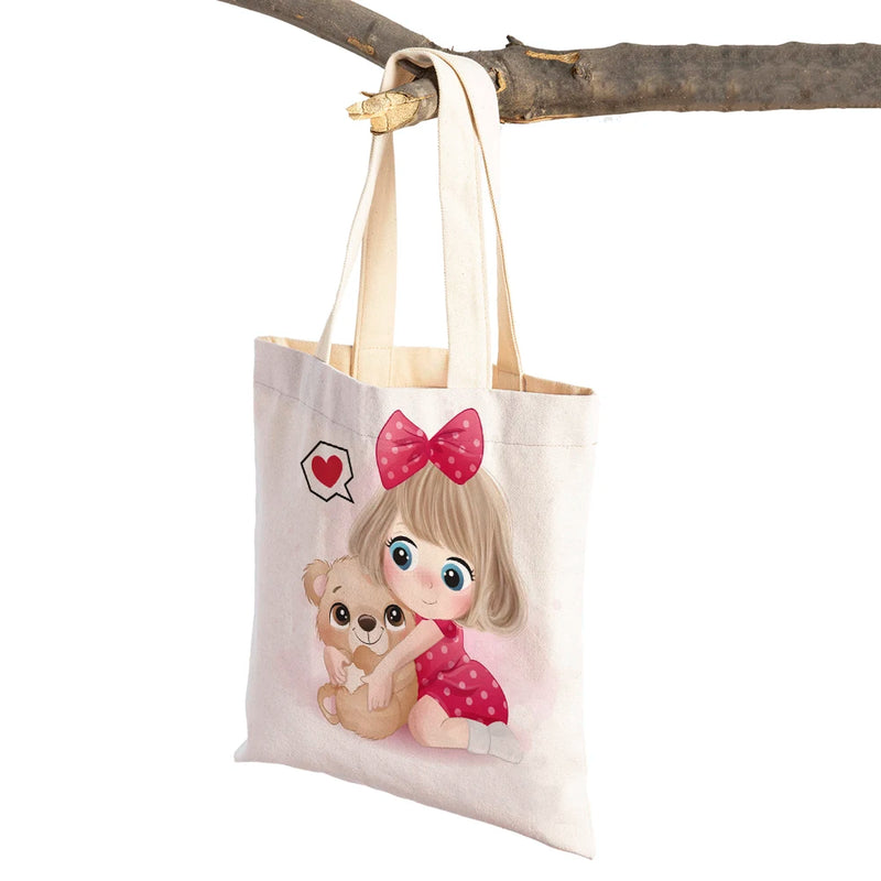 Cute Cartoon Girl and Cat Print Canvas Schoolbag
