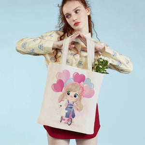 Cute Cartoon Girl and Cat Print Canvas Schoolbag